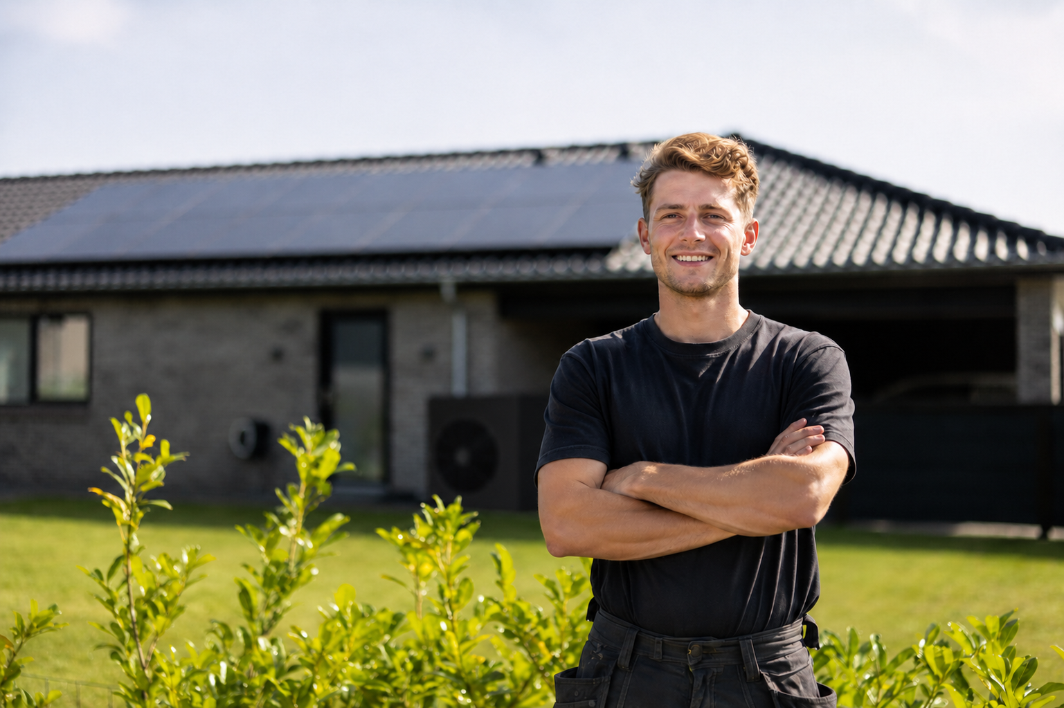 Installatør foran hus med luft-til-vand varmepumpe